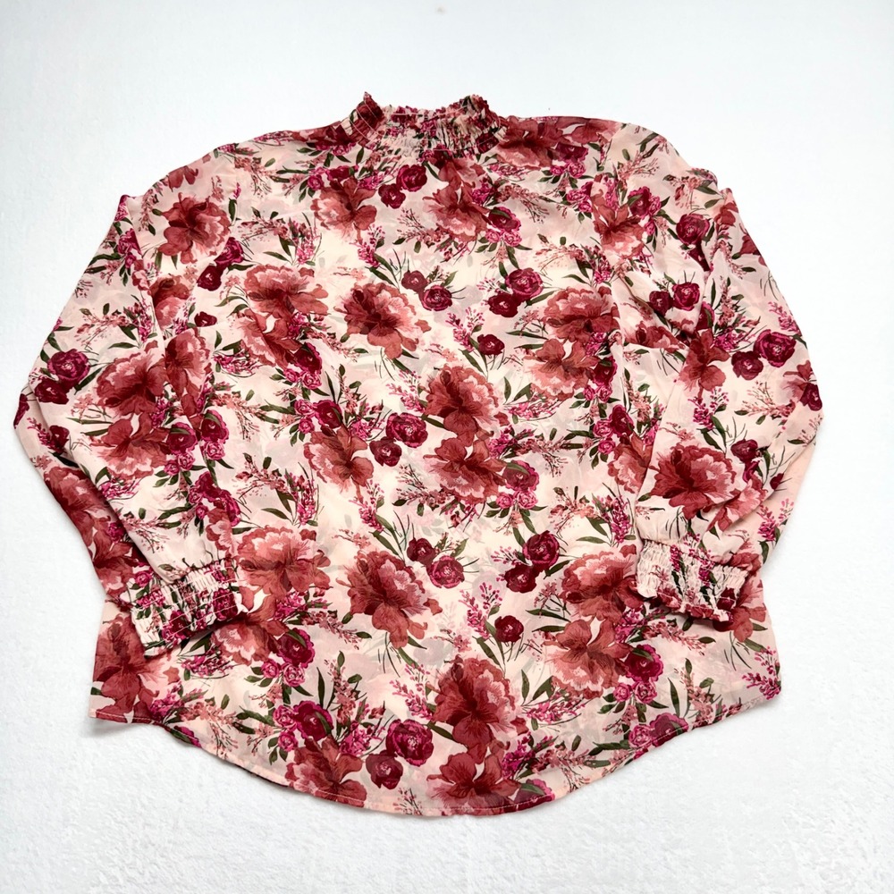 Torrid Smocked Mock Neck Floral Blouse Womens Size 1 Pink Burgundy Georgette Top